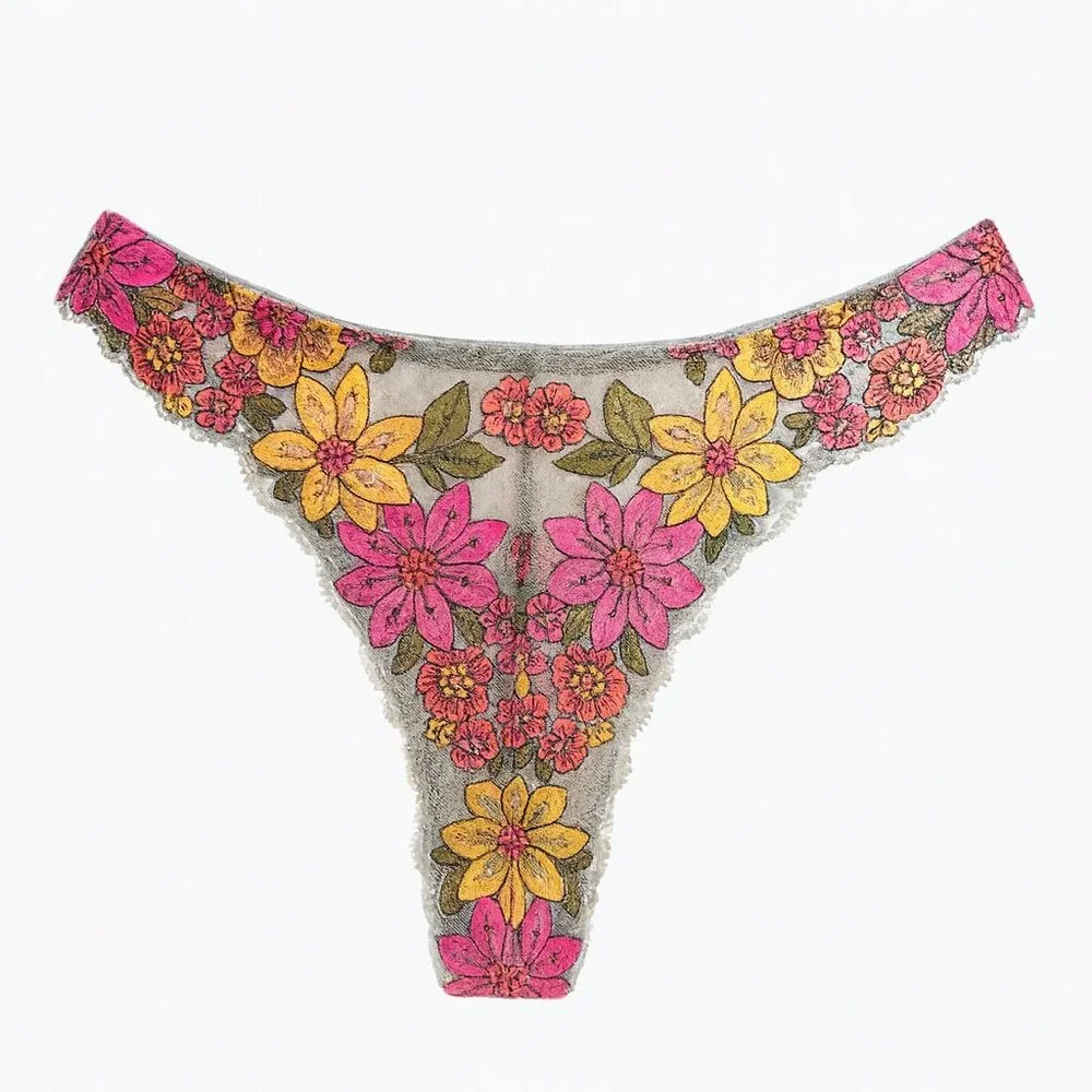 Savage X Fenty Embroidered Floral Lace Sheer Mesh Thong Panties Gray 0–2 - Picture 3 of 10